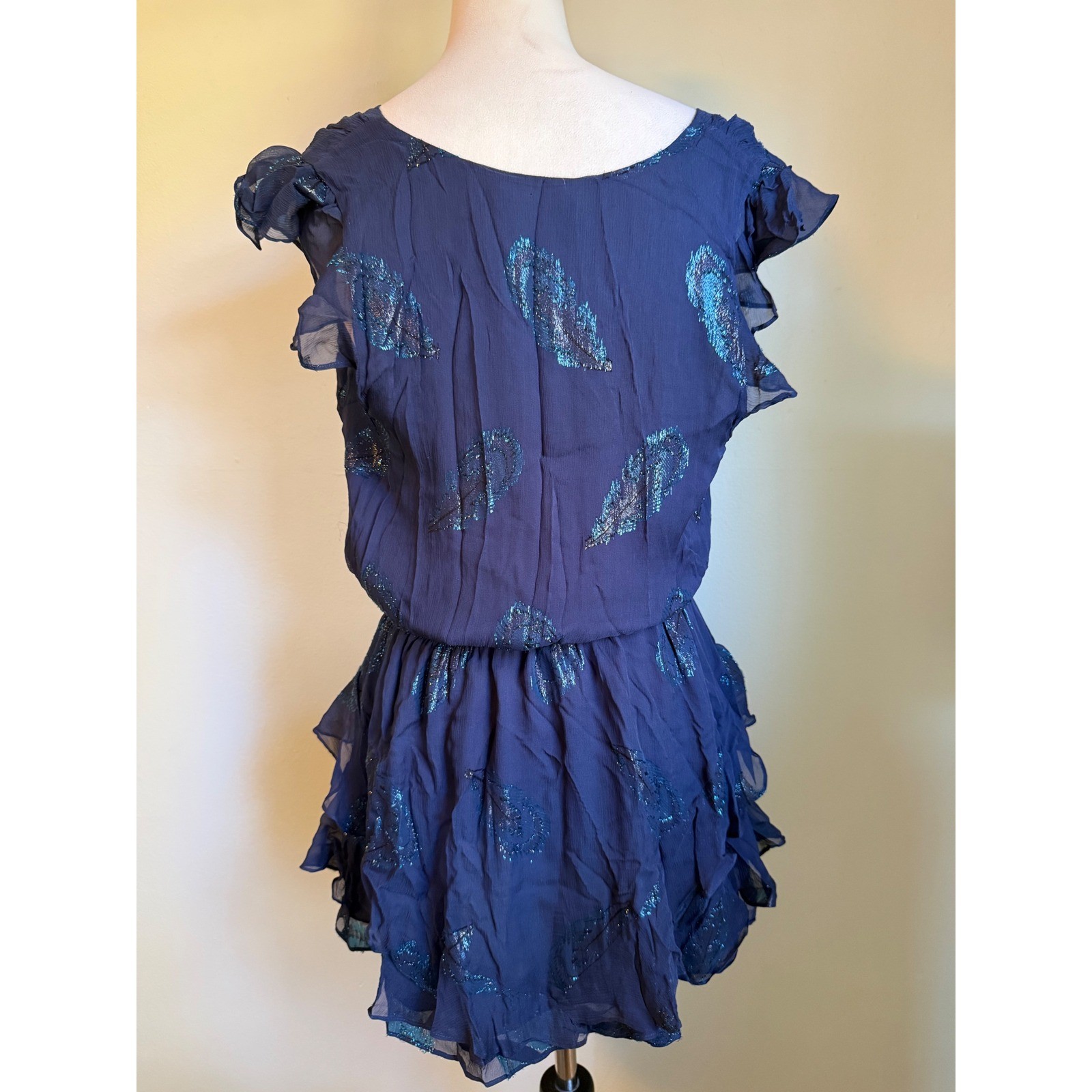 Ramy Brook Navy Blue Metallic Feather Silk Ruffle Mini Dress M boho whimsidainty