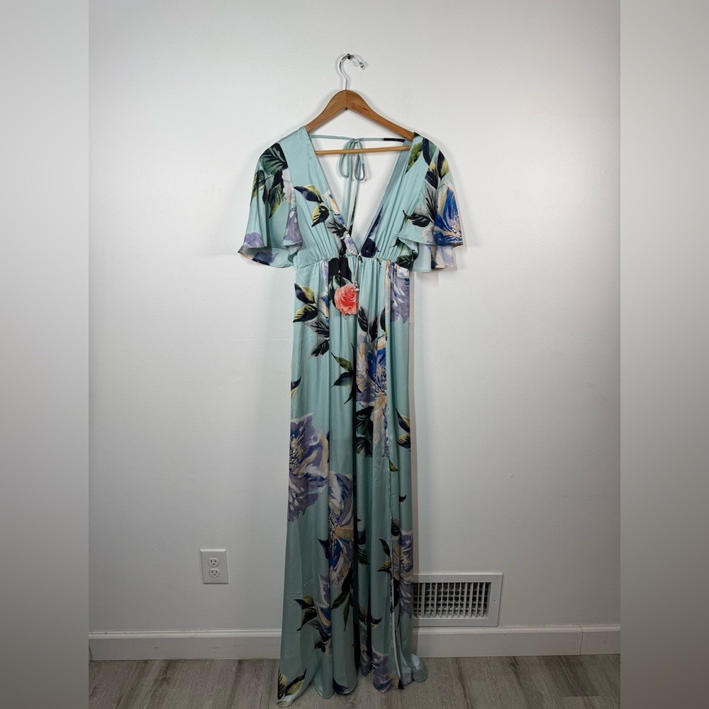 Show Me Your Mumu Faye Flutter Blue Floral Satin‎ Maxi Dress