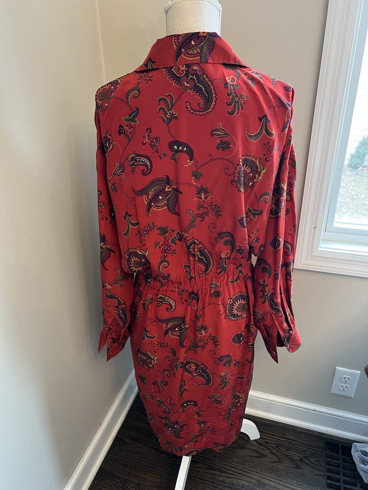 Vtg Linda Allard Ellen Tracy 100% Silk Paisley Dress Red Shirtdress Size 14