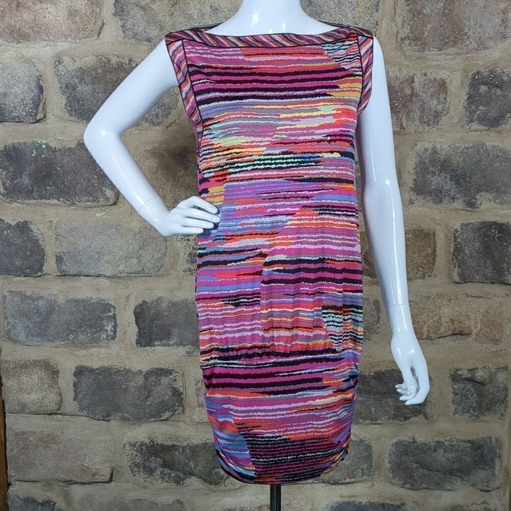 BCBGMAXAZRIA Womens Multi Color Abstract Stripe Boat Neck Sheath Dress XS