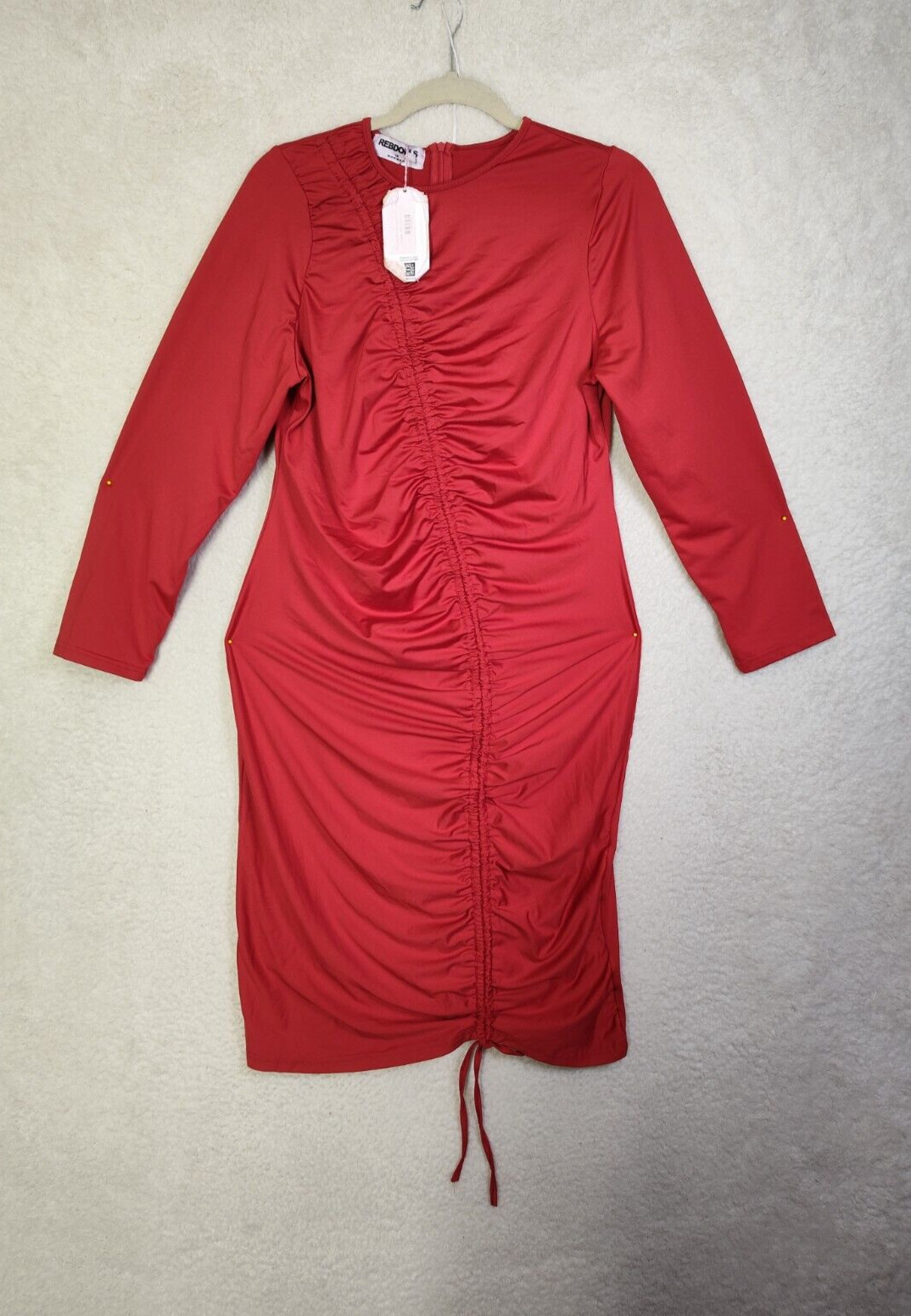 Rebdolls Women Dress 14/16 Red 100% Polyester Long Sleeve Ruched Knee Length