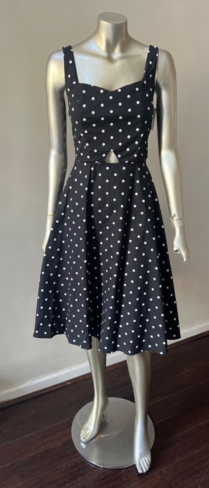 Sweetheart Polka Dot Swing Circle Midi Black White Dress S
