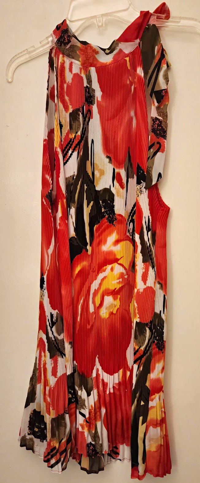 Women’s S Floral Pleated Long Sundress Sleeveless Red Black White Orange