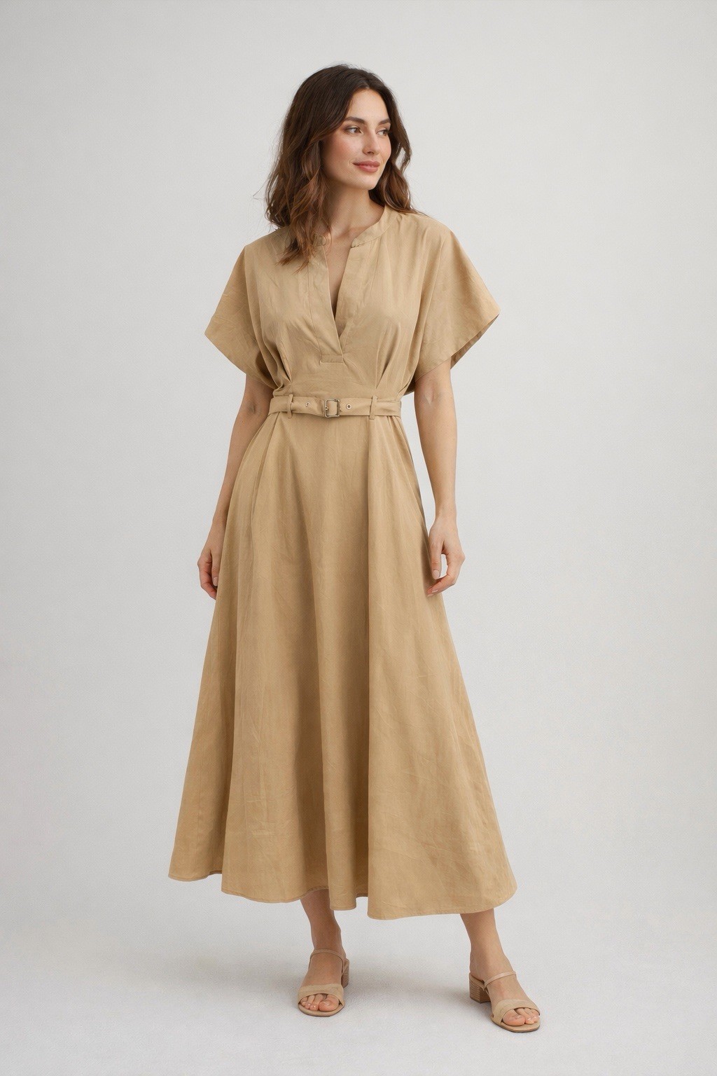 New Aveloria Minimalist Tan Belted Structured Retro Style Work Dress Women’s SM