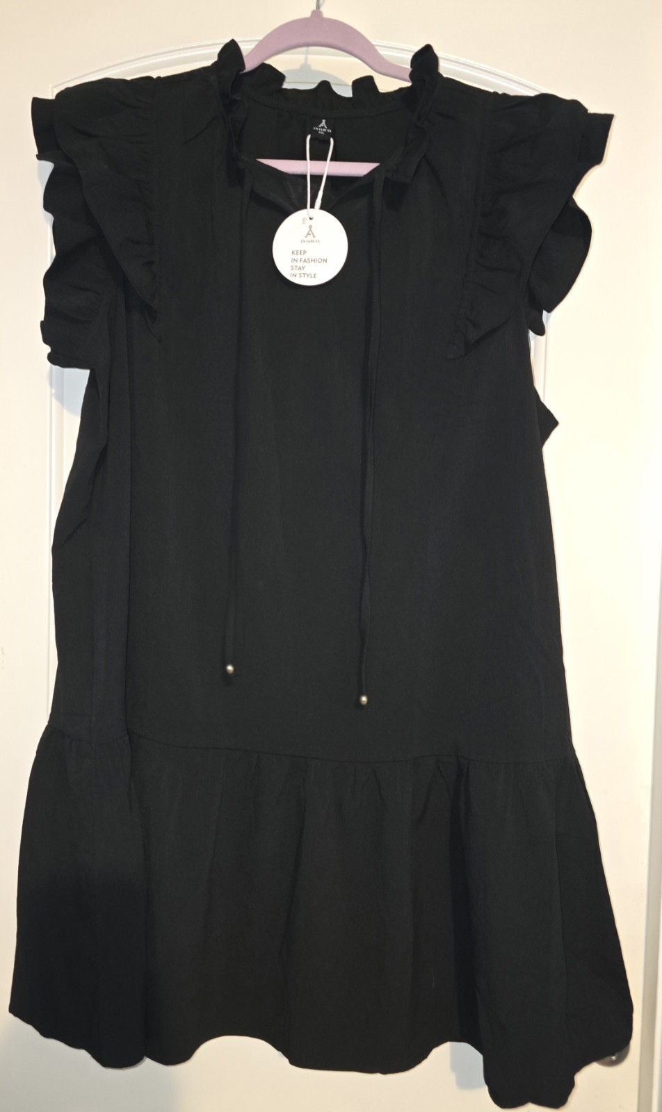 ANRABESS Black Ruffle Sleeve V-Neck Mini Dress XXL Pockets