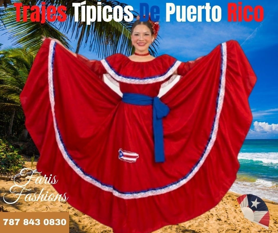 Traje Típico Bandera Puerto Rico Jíbara – Vestido Rojo Falda Circular 3Pc