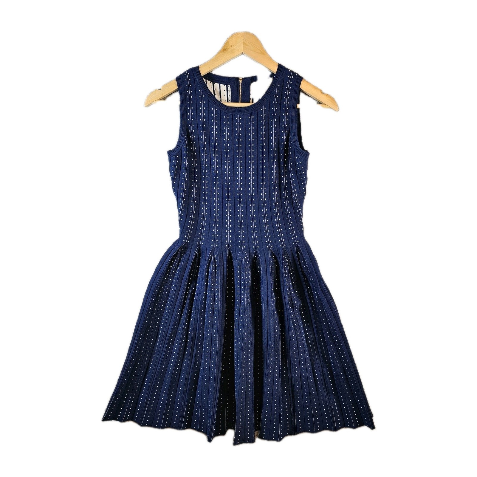 Milly Sleeveless Flare Dress Cocktail Wedding Date Feminine Dot Pleated Blue S