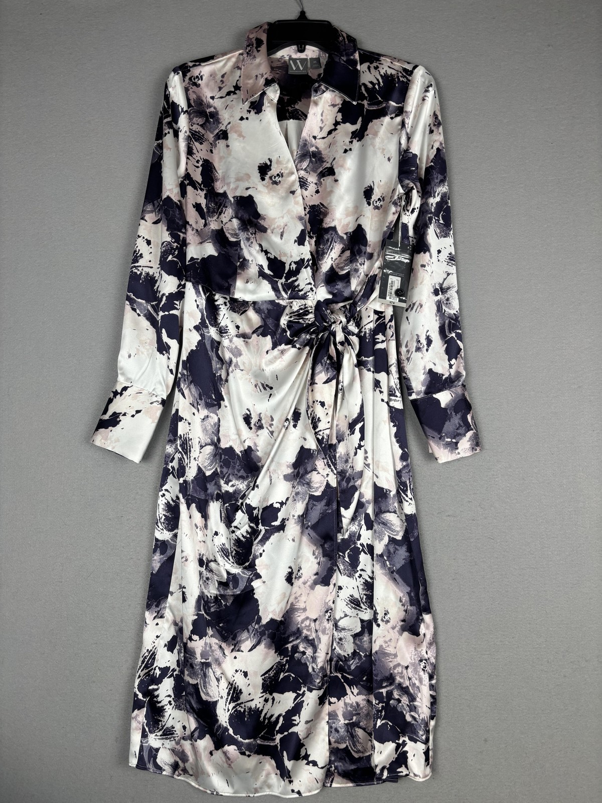 Worthington Shirt Dress Womens XS Multicolor Floral Satin Wrap Midi Tie Waist