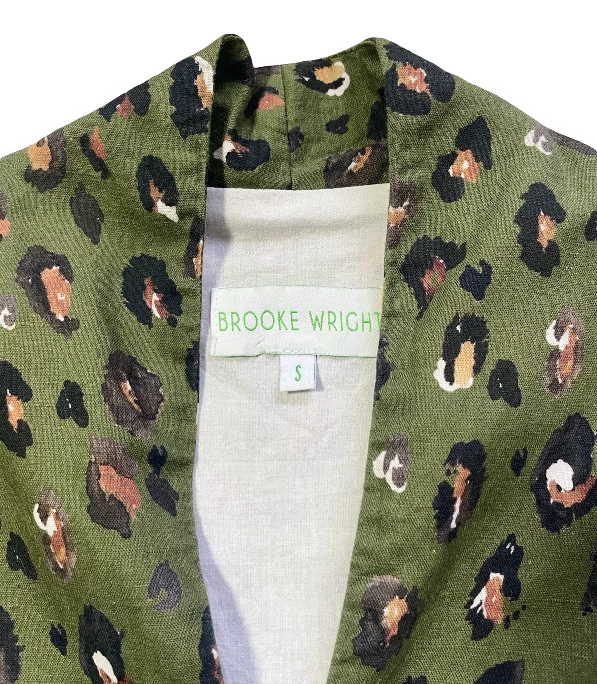 Brooke Wright Nancy Linen Leopard Print Dress Olive Green Women’s Small Pockets