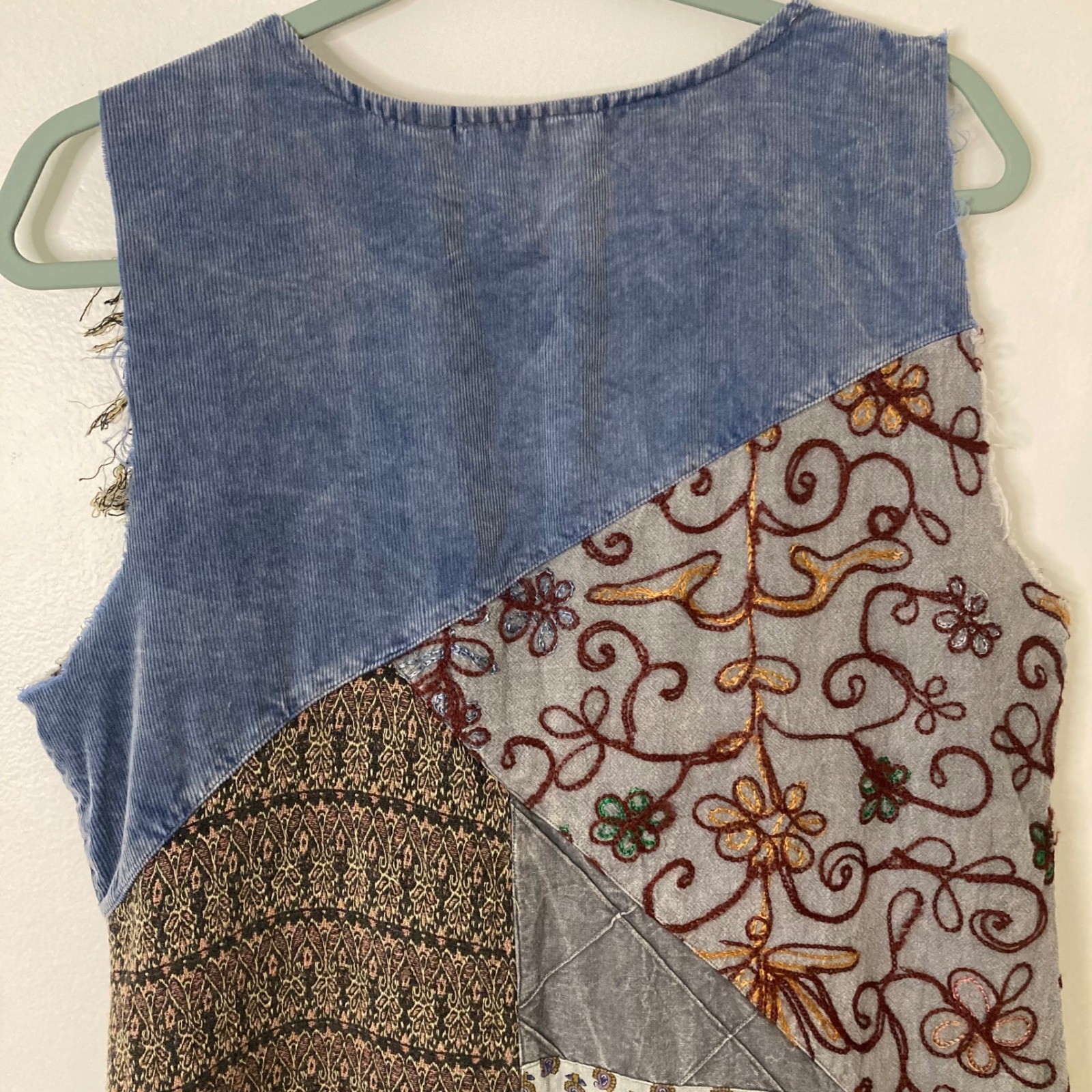 Vtg 90s Sacred Threads Patchwork Midi Dress M Lagenlook Cotton Boho Embroidered