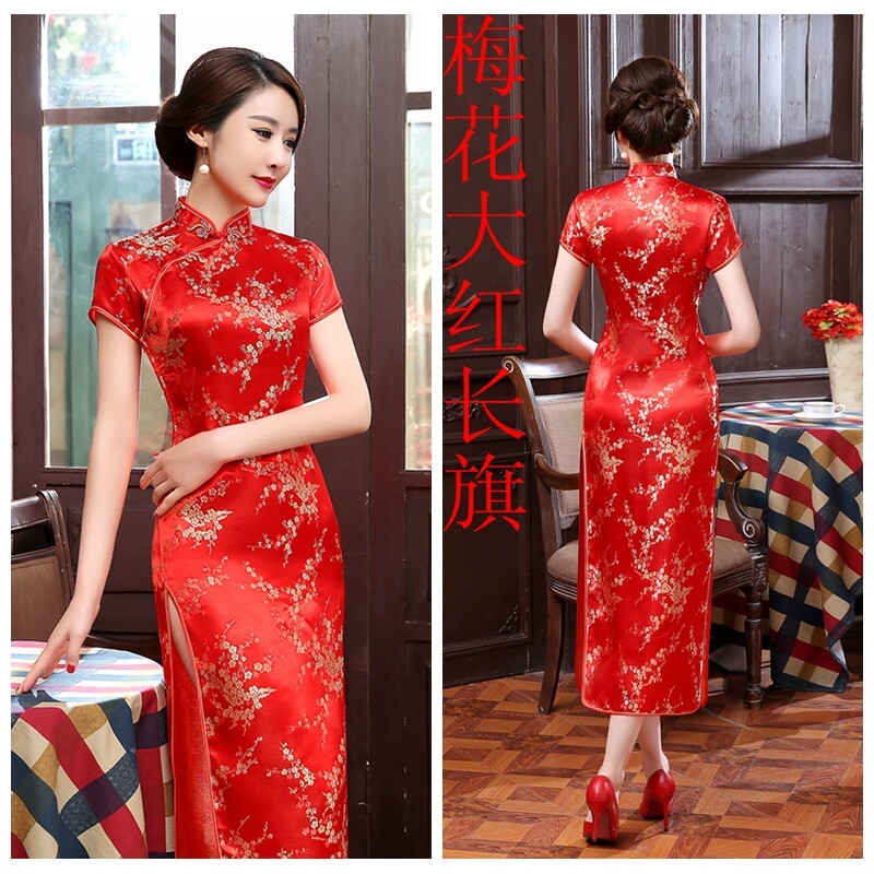 China Women’s Silk Satin Long Dress Cheongsam Qipao SZ S-6XL Red Evening dress