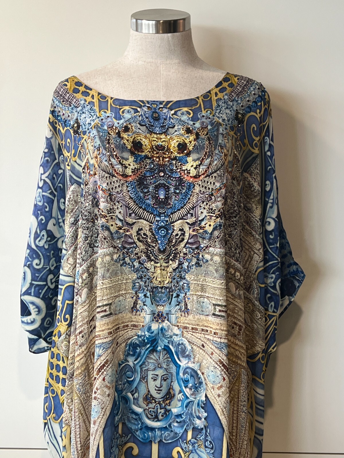 CAMILLA Blue/Yellow Medusa Print, Beads,Crystals Kaftan Dress ONE SIZE