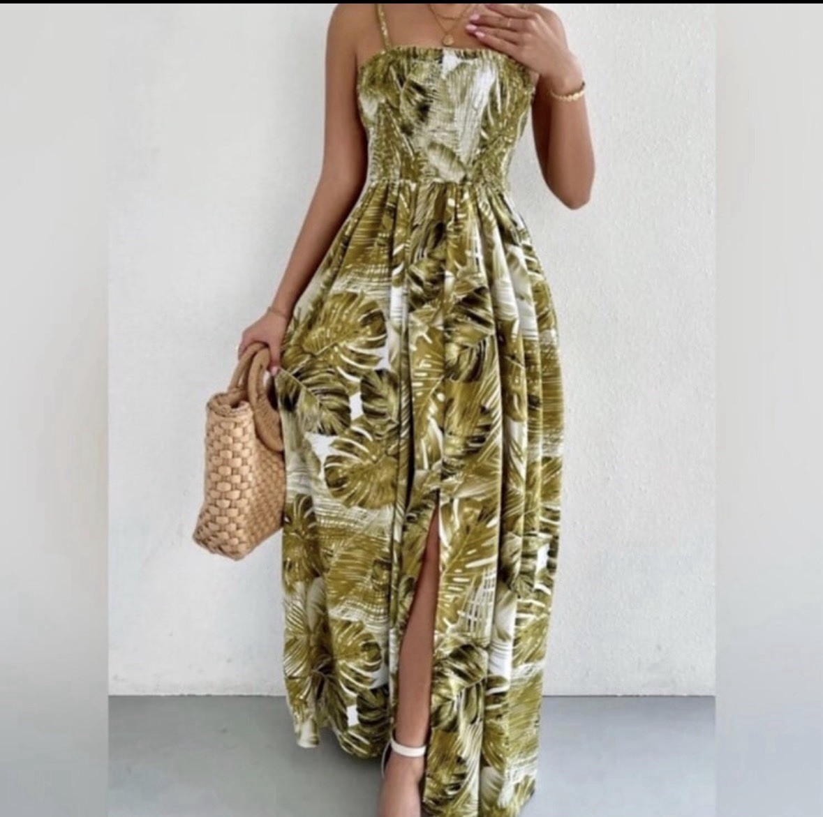Tropical Maxi Dress, Smocked Bodice, Adjustable Straps, Slit NEW Size Large