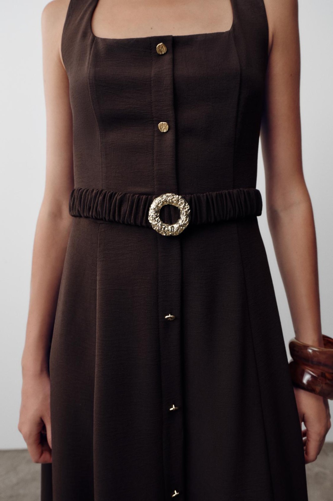 Zara Belted Midi Dress Brown Sleeveless Square Neck Gold Buckle XS S M L XL NWT