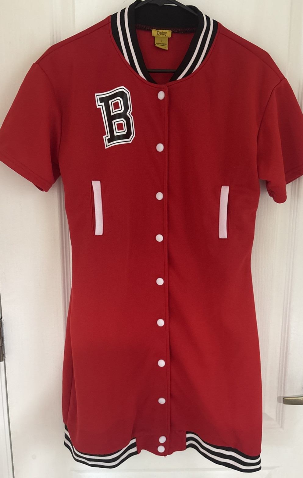 Daisy Varsity Button Up Dress Womens Red lack White Preppy Pockets Shirt Large