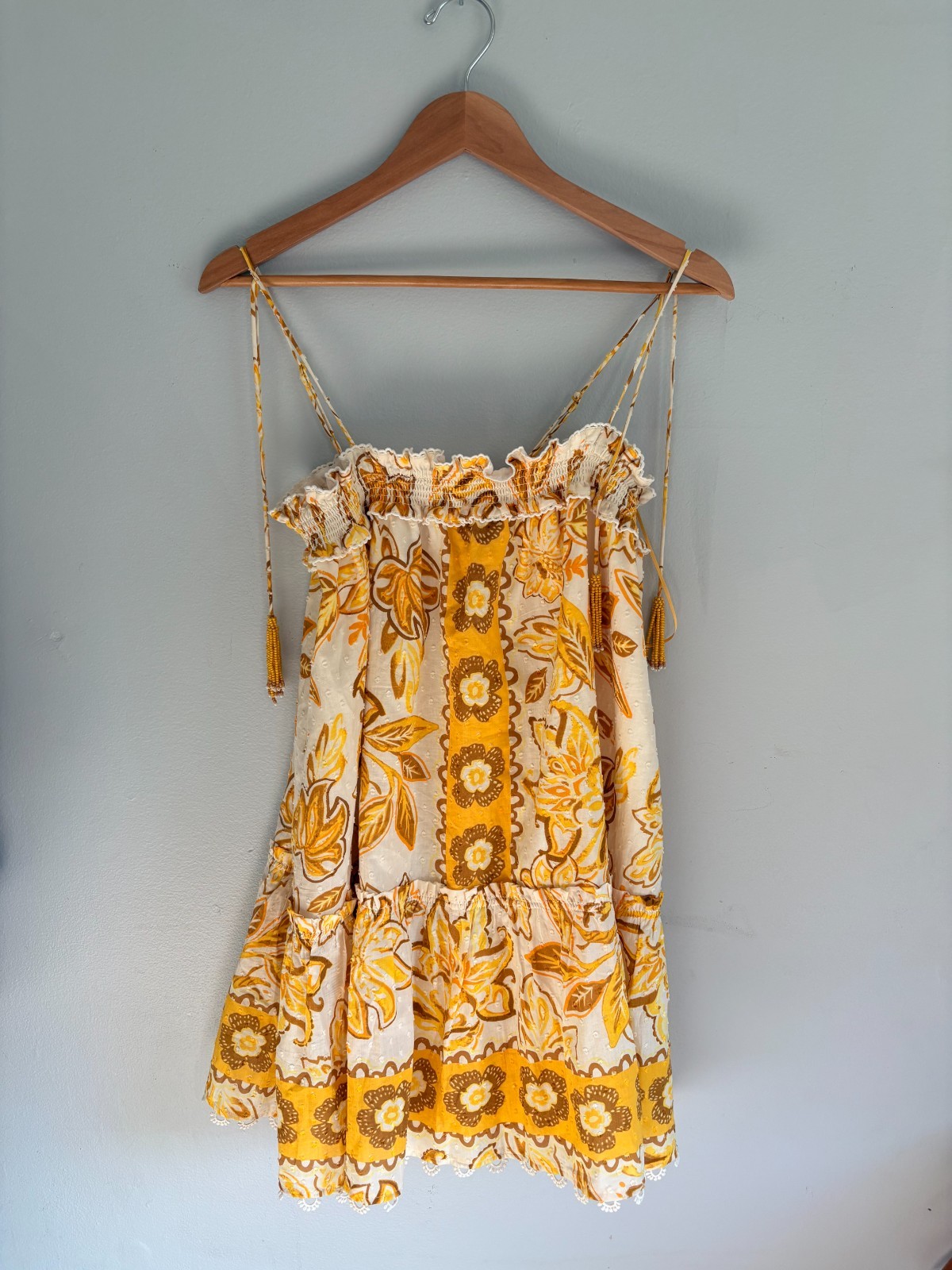 Caroline Constas Women’s Medium Mini Dress Yellow Floral Eyelet Cotton Tassel