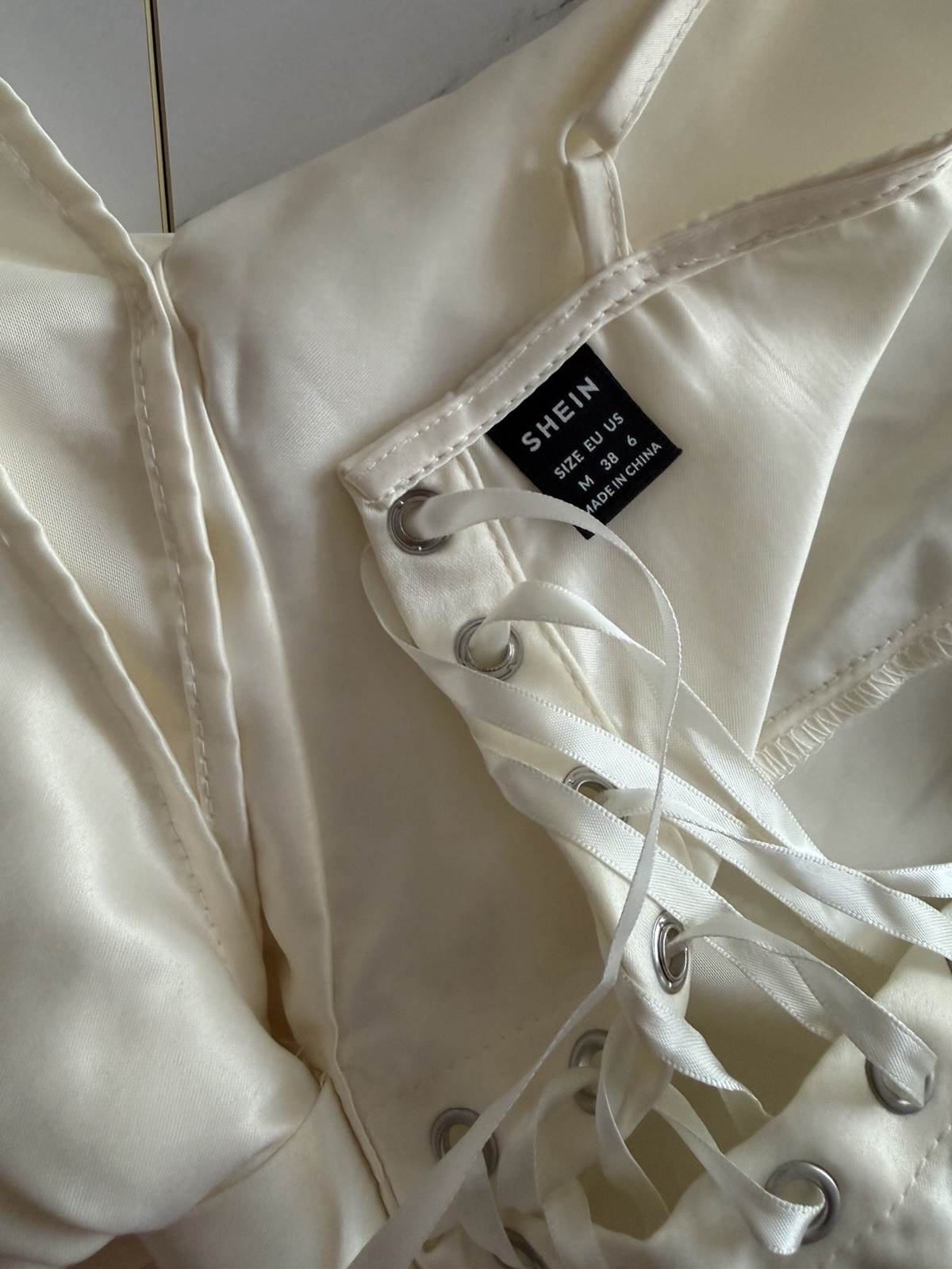 Ivory Solid Satin Mini Dress Square Neck Lace-Up Back Bow Straps Size M