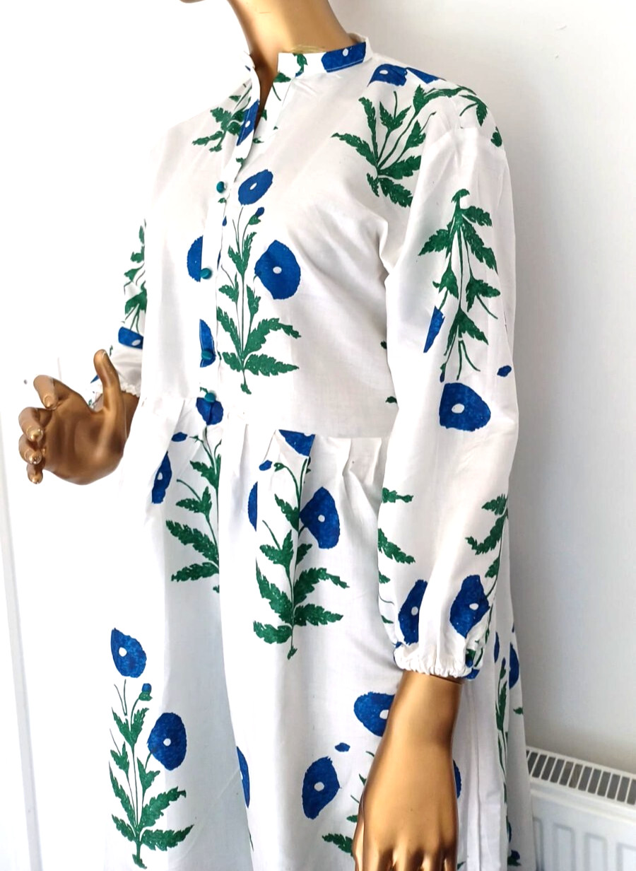 Indian Hand made Block Print Organic Cotton Floral Dress for Women All Seasons