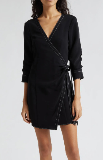 Cinq a Sept Chelsea Topstitch Wrap Mini Dress Womens 12/14? Black 3/4 Sleeve