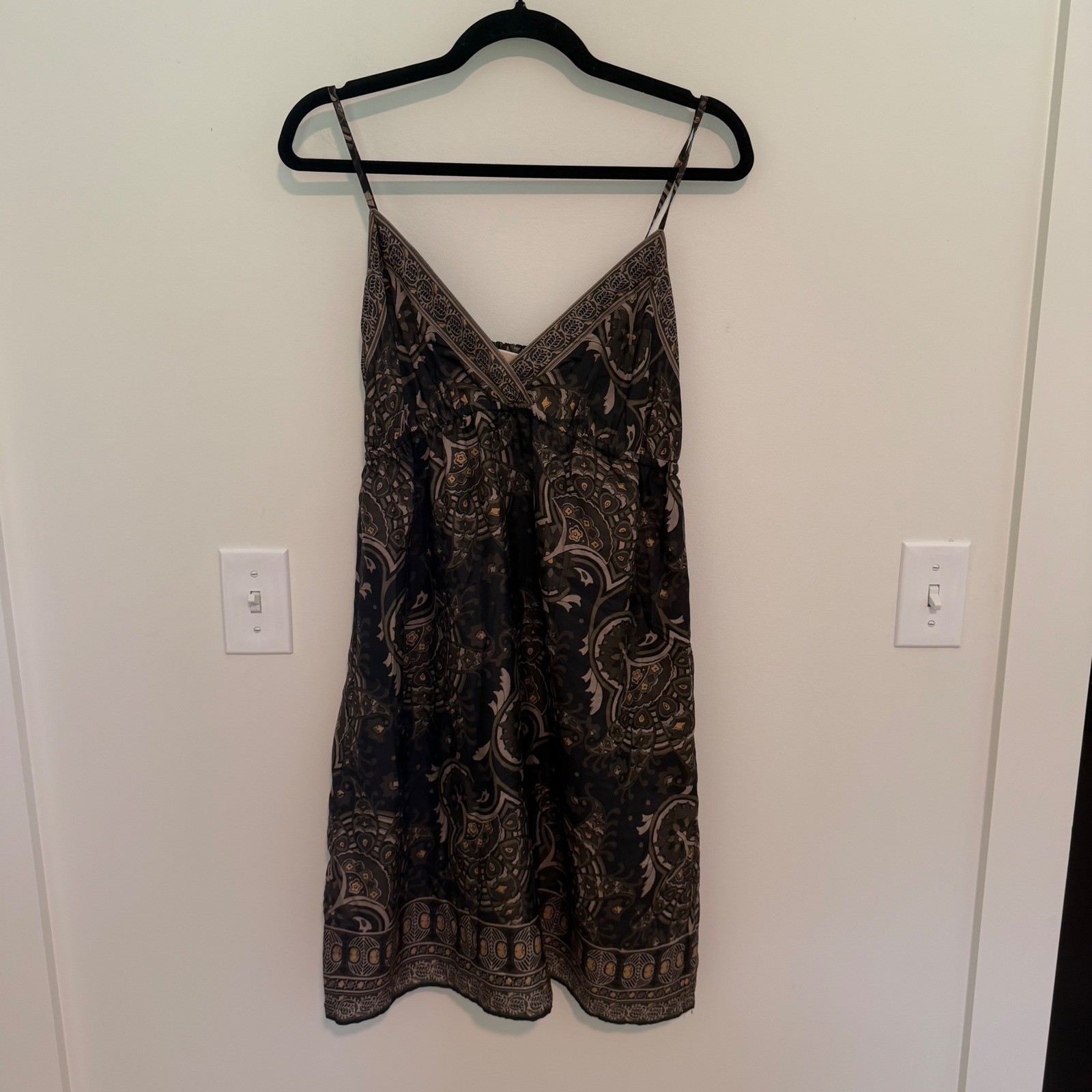 Michael Michael Kors Paisley Silk Blend Slip Dress Black Olive Gold Size 8
