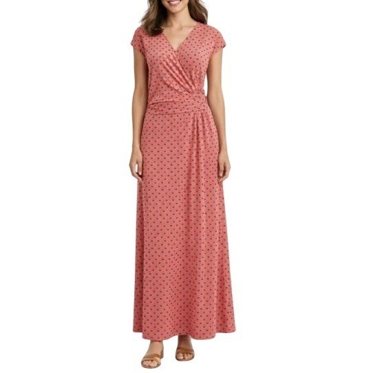 Lands End Maxi Dress Womens S Orange Cotton Modal Jersey Twist Wrap Ditsy Floral