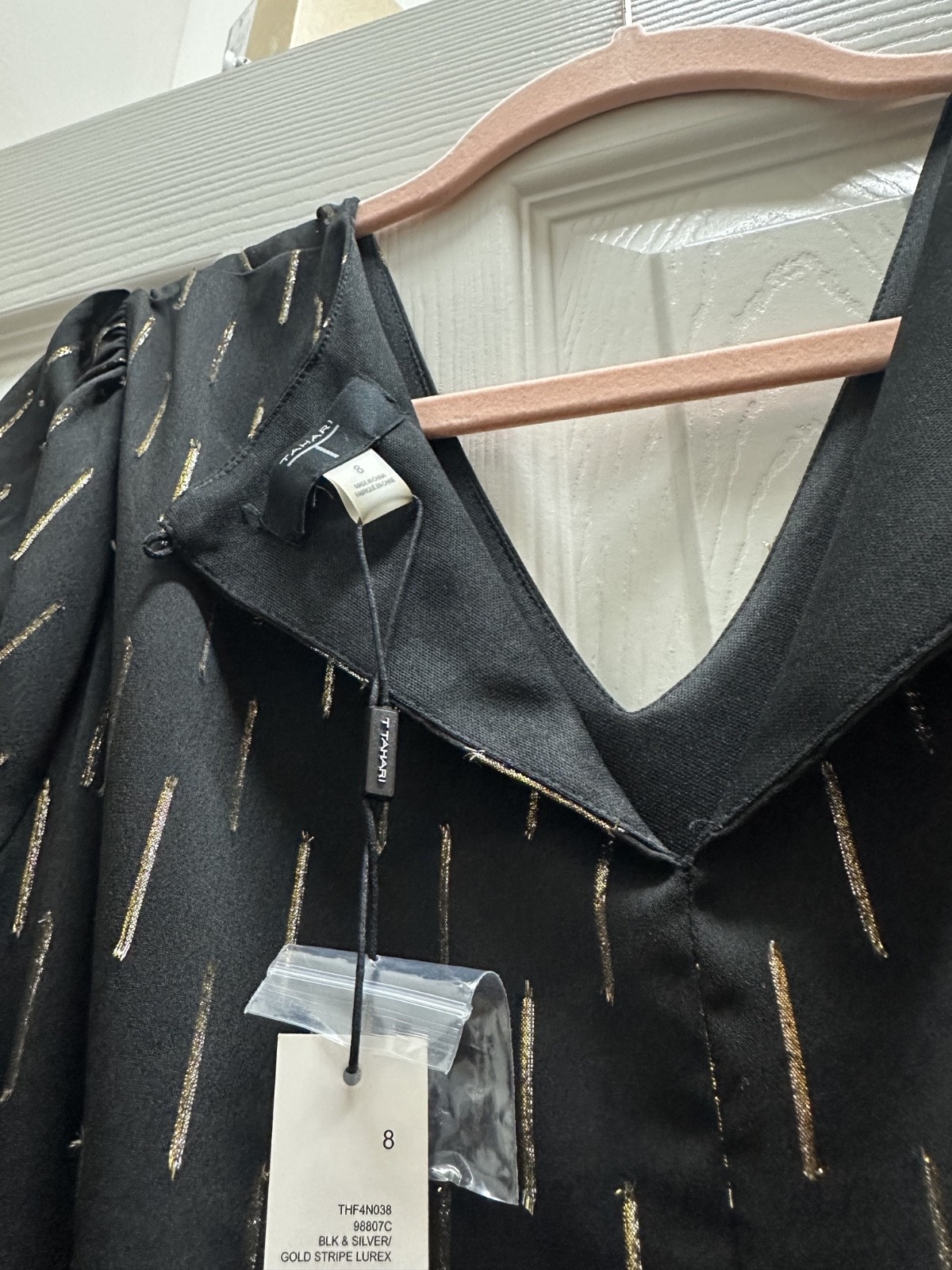 Tahari Black and silver/gold stripe lurex pleated dress with belt Size 8