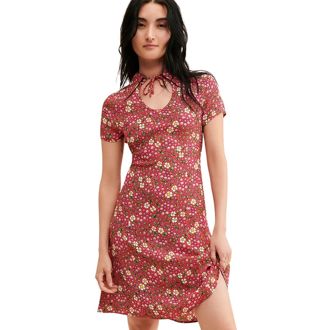Rolla’s Dress Womens XS Red Kelly Floral Mini Keyhole Retro Boho Cottagecore