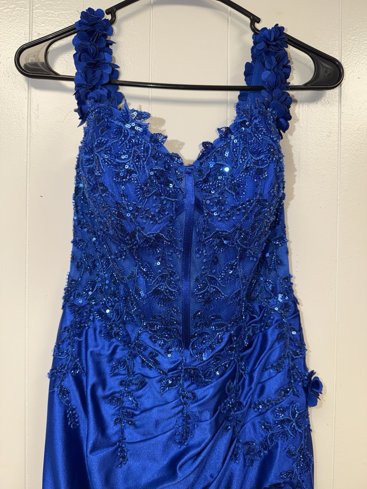 Stacees Prom Dress Blue Silk Like Satin Floor Length Beading Size 2