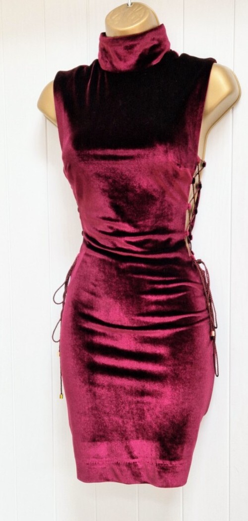 HOUSE OF CB Sukina Mulberry Velvet High Neck Laced Mini Evening Dress S UK 8 10