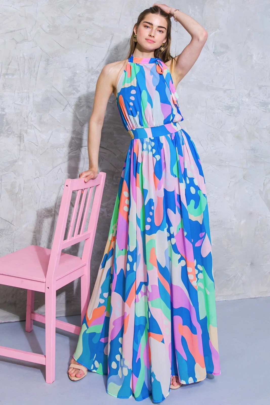 Flying Tomato Maxi Dress Size L Large Halter Abstract Print Boho Colorful