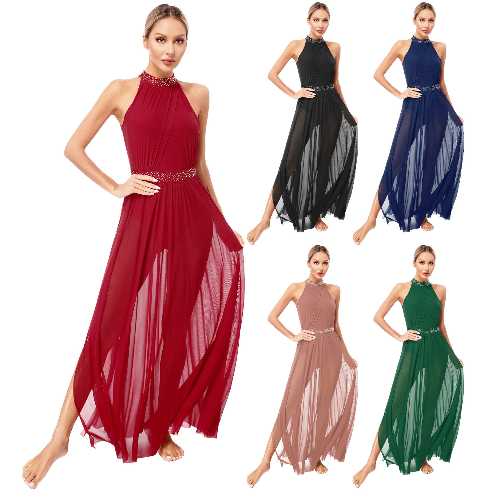 Womens Dancewear Press Buttons Tulle Skirt Leotard Long Lyrical Dance Dress