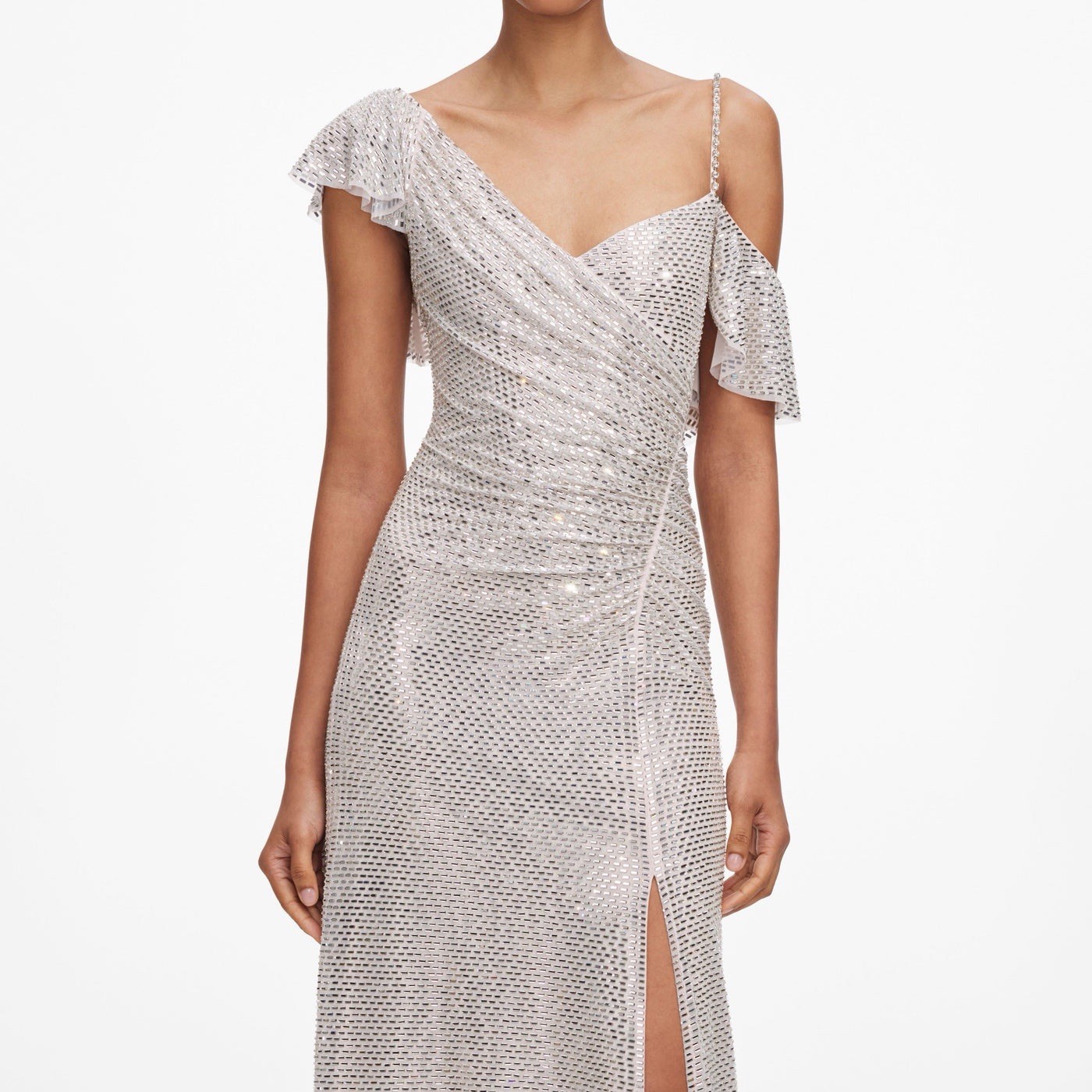 Self Portrait CHAMPAGNE RHINESTONE RUFFLE DRAPED DRESS $ 1030 Size US 0 UK 4