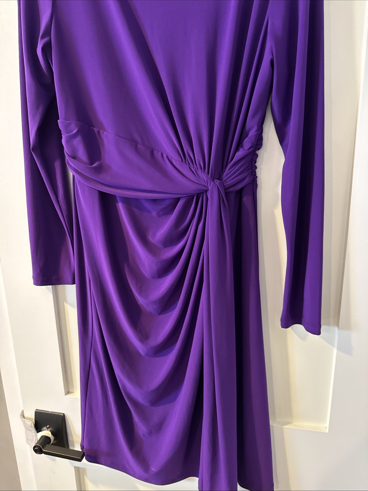 Champs Dress Large Deep Purple Ruched Long Sleeve Stretch Side Knot Sheath Fit