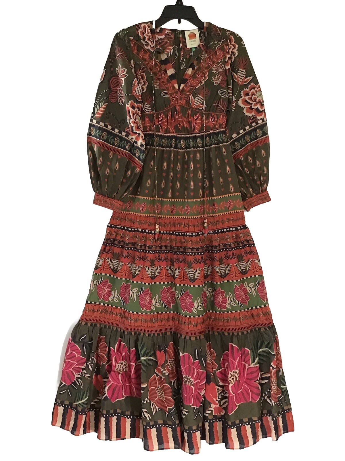 FARM RIO AINIKA MULTI MIX LONG SLEEVE V NECK MAXI DRESS XXS REG $285 NWT
