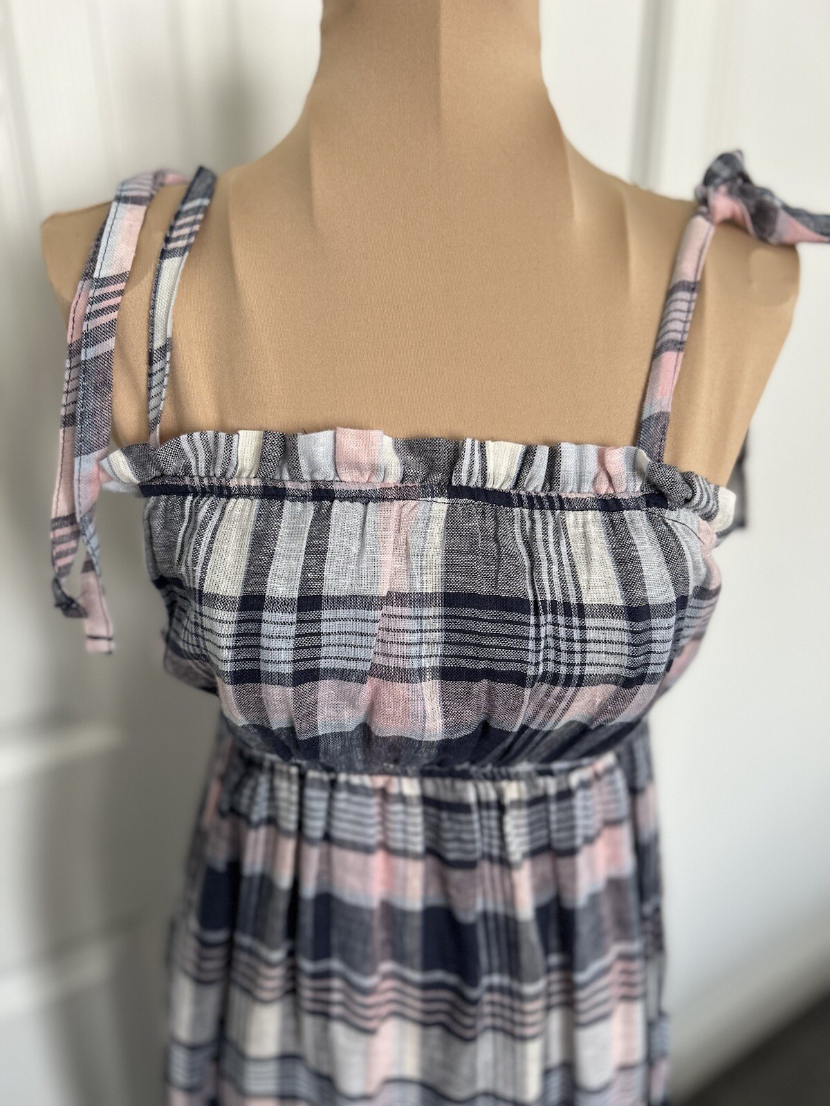 AQUA Navy Pink Plaid Tiered Hem Shoulder Tie Summer Maxi Dress Size=Various