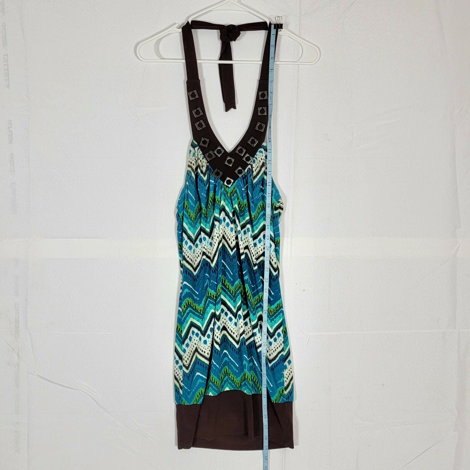 Heart Soul Dress Womens M Teal Blue Brown Short Beaded Sleeveless Halter
