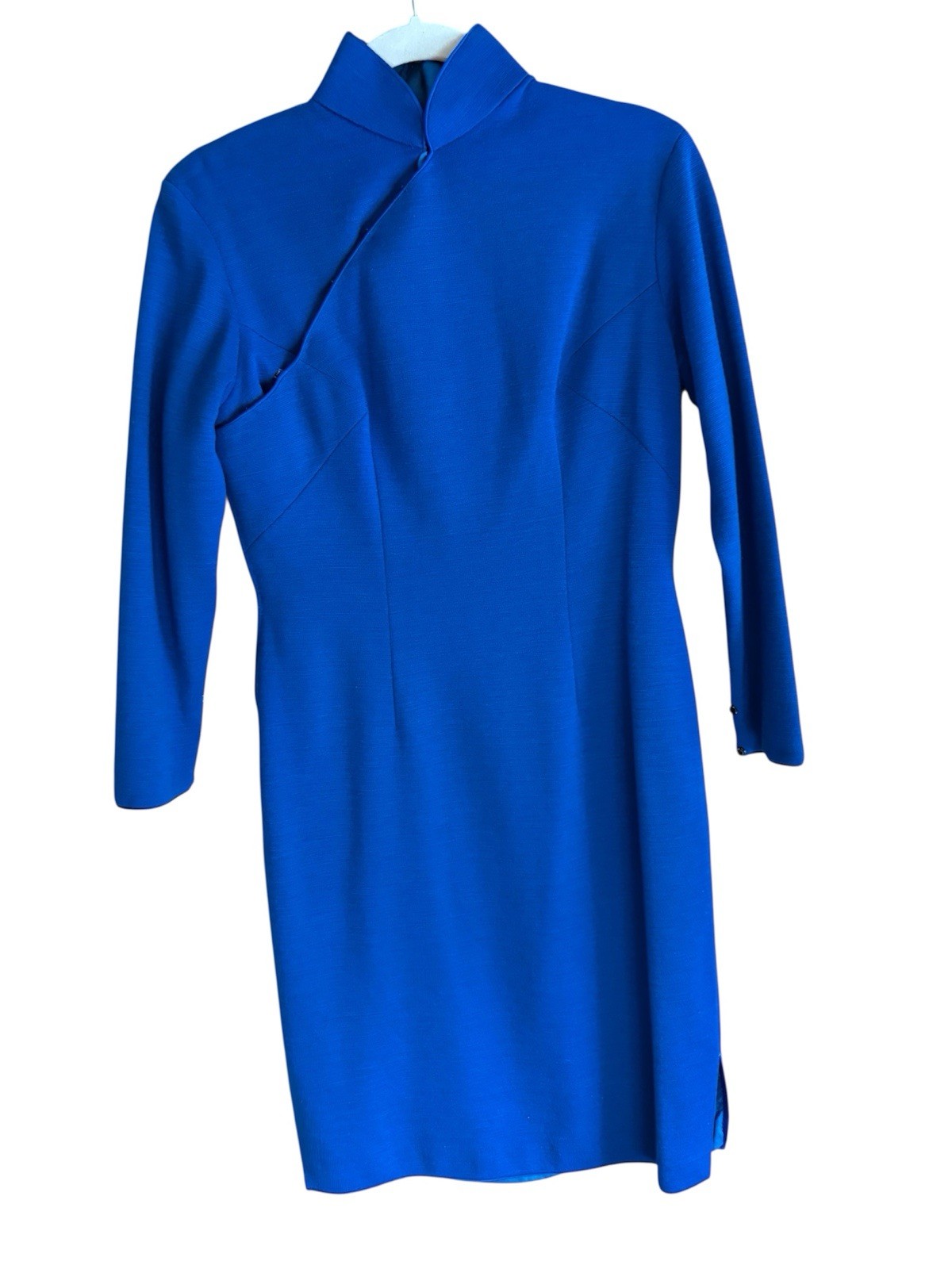 VTG Royal Blue Qipao Dress Cheongsam 70s Sz Small 36/30 Long Sleeve
