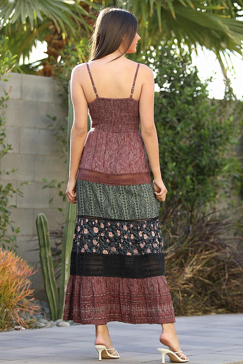 Angie Sage Wine & Black Mixed Print Lace Trim Twist Front Cut Out Maxi Dress C4D