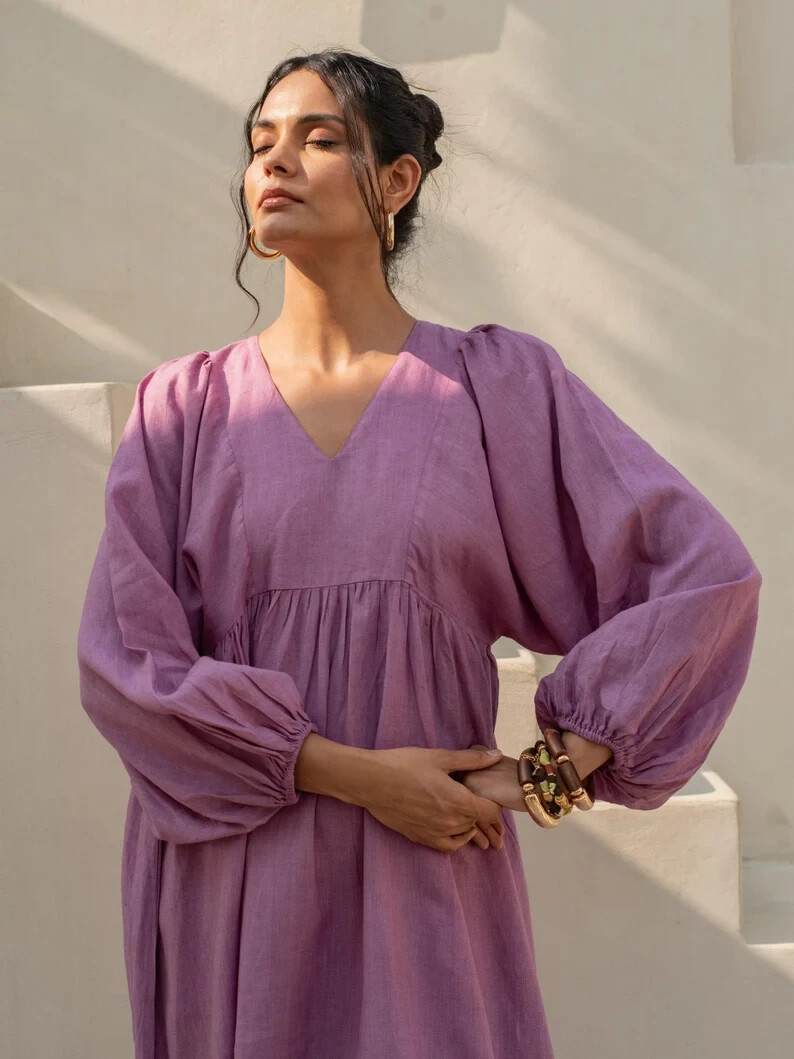 Oversize Linen Boho Dress, Ankle Length Dress Lined with Cotton, Puff Sleeve