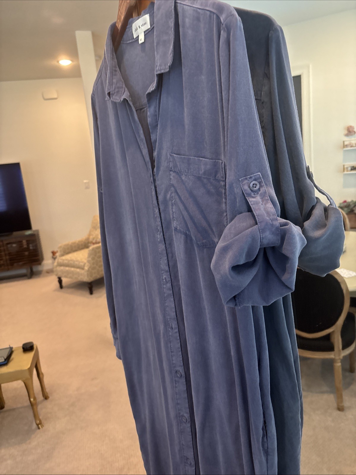 Rare Anthropologie Cloth & Stone Blue Dress Maxi Pockets Button Up Tencel
