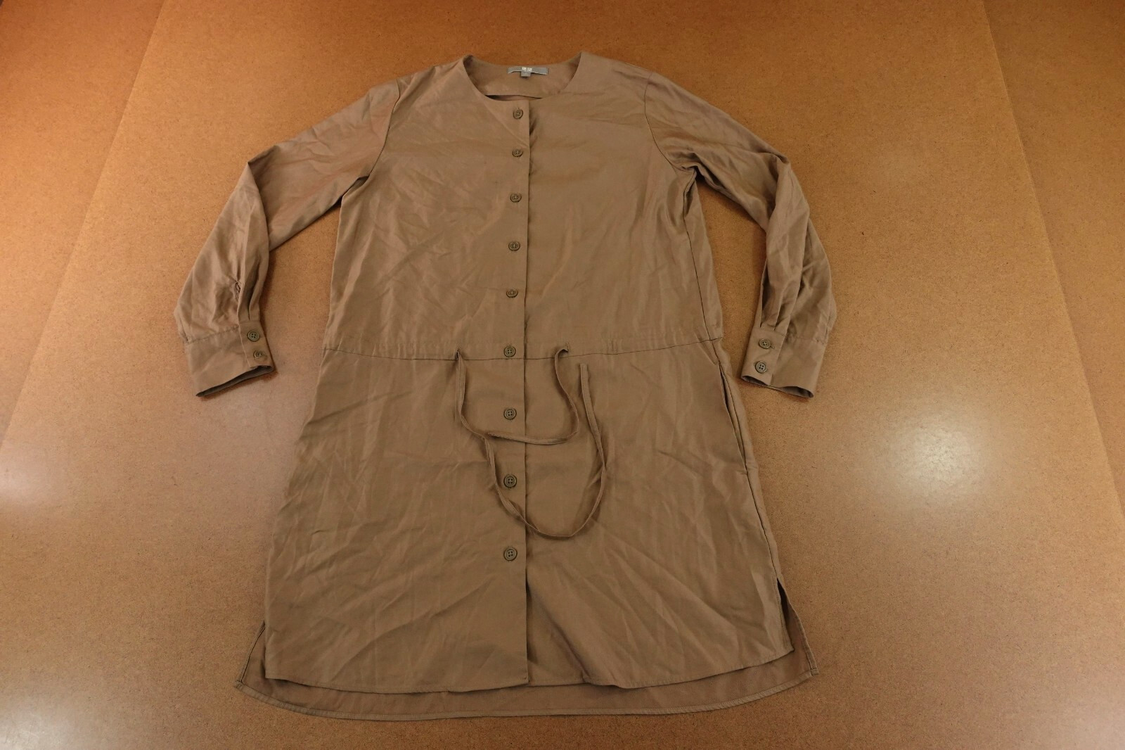 Uniqlo Womens Small Brown Long Sleeve Button Front Drawstring Mini Dress New
