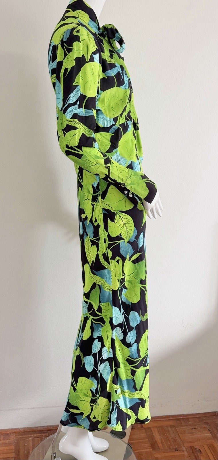 Husk Maxi Dress Green Black Leaf Rare Print Long Sleeve Pussy Bow Size AU 8 S