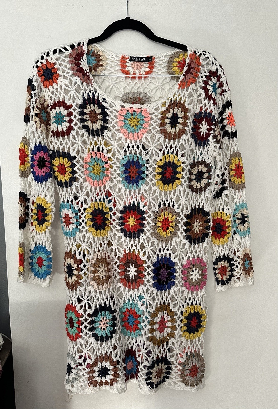 Nasty Gal Multi-Coloured Crochet Long Sleeve Mini Dress Boho Festival Beach S/M