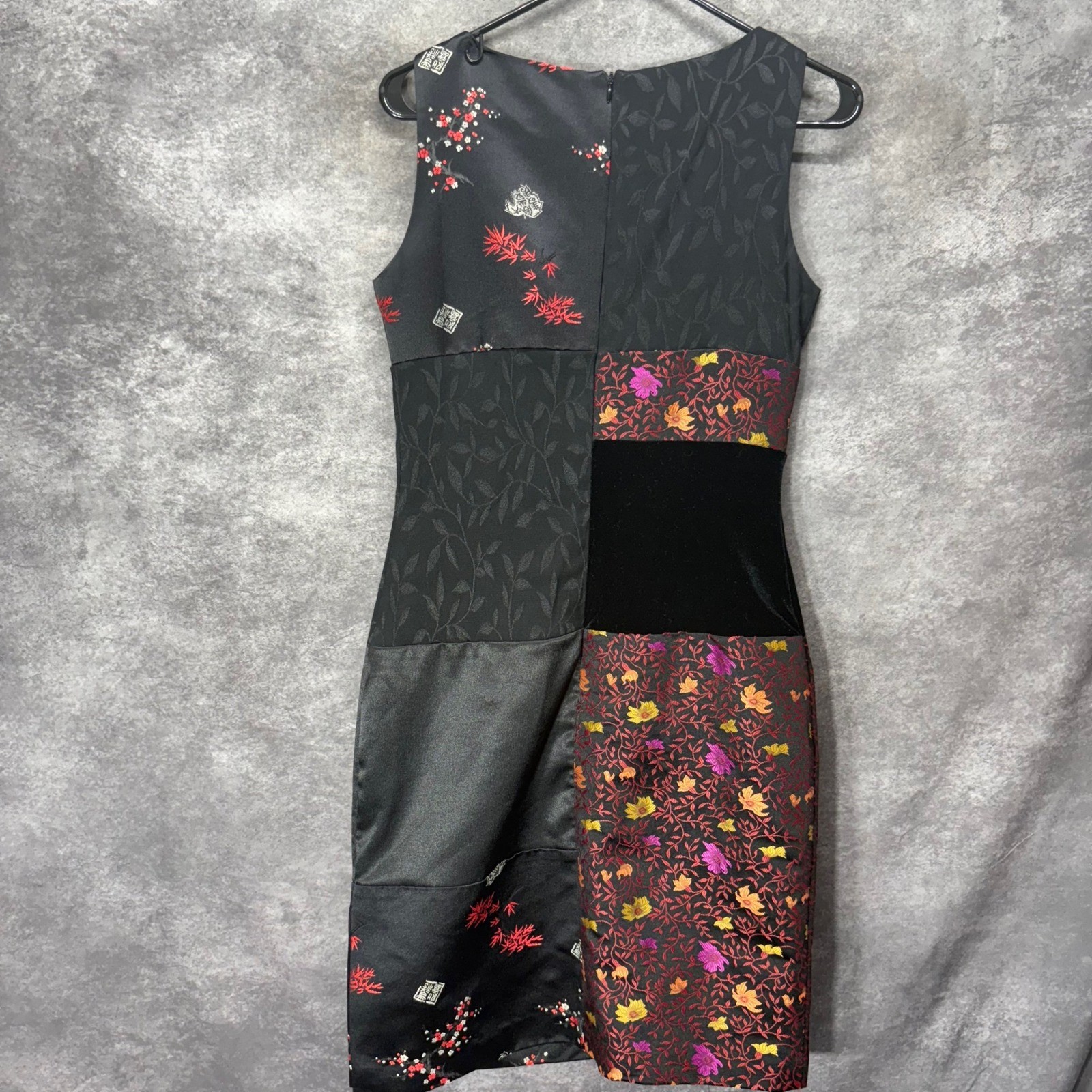 Vintage David Warren Asian Floral Satin Velvet Patchwork Sheath Dress Size 6