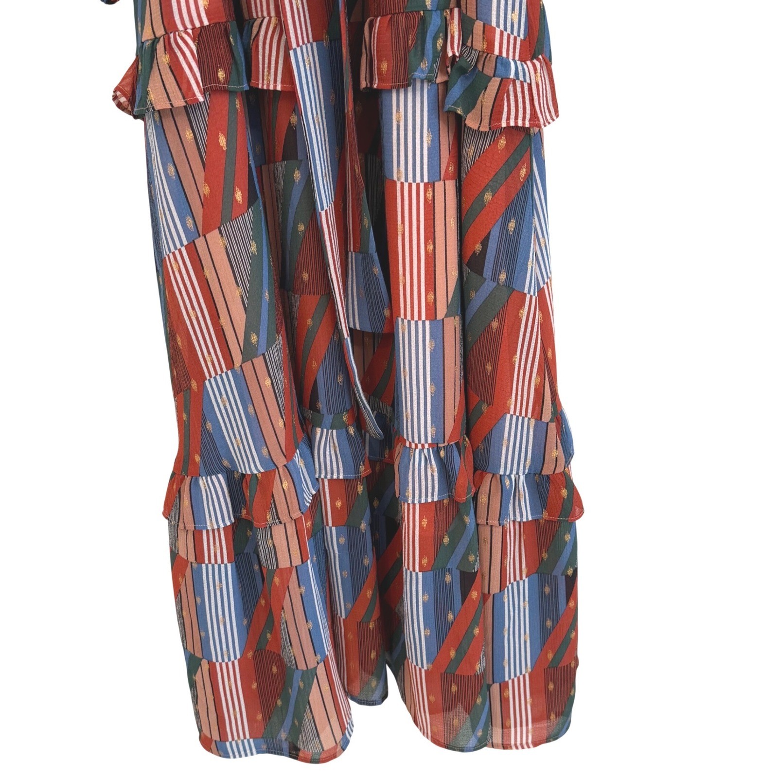 Joy Joy Adele XL Multi Striped Patchwork Tiered Maxi Dress Mock Neck Indie