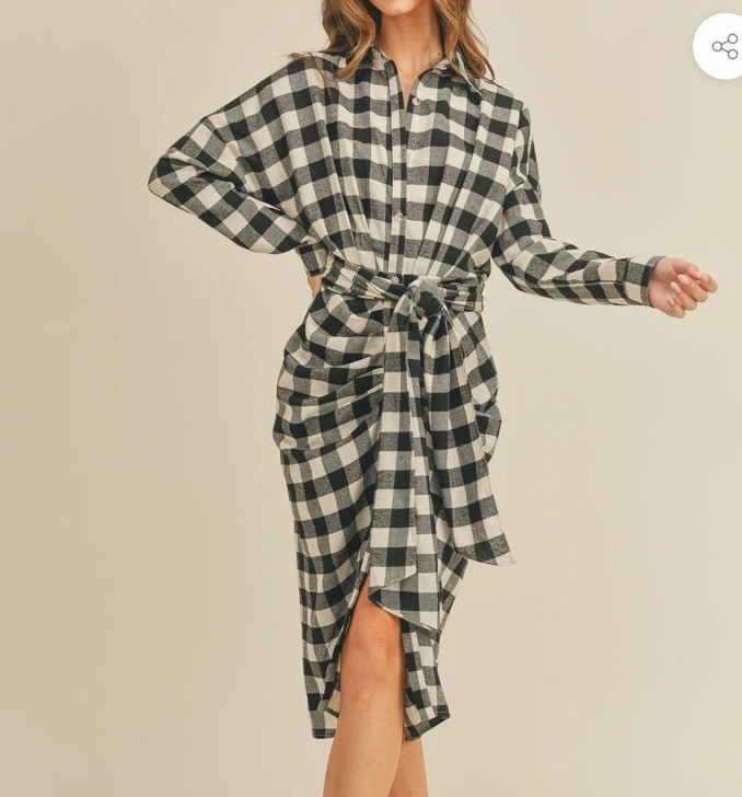 Mable Haeri Flannel Button Down Shirt Midi Dress Women Size Medium Black White