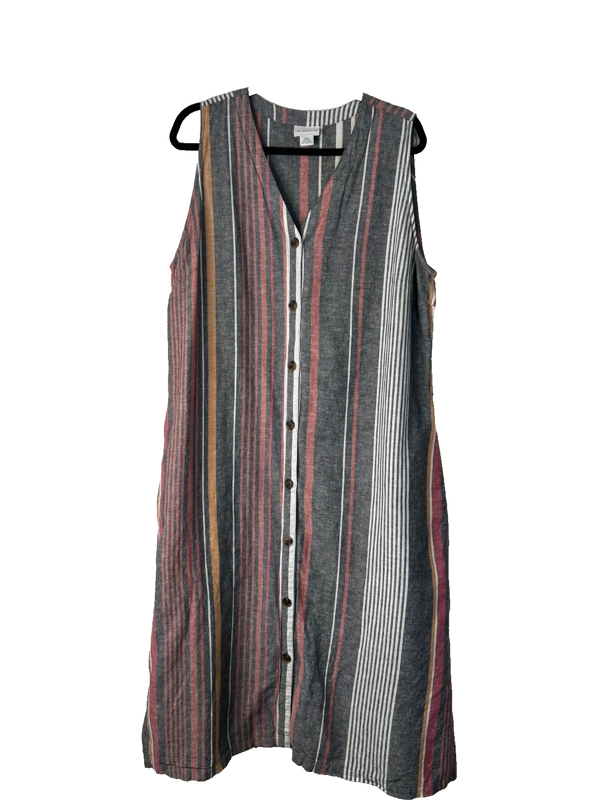 Liz Claiborne Linen Blend Midi Dress XXL Striped Sleeveless Button Front NO Belt