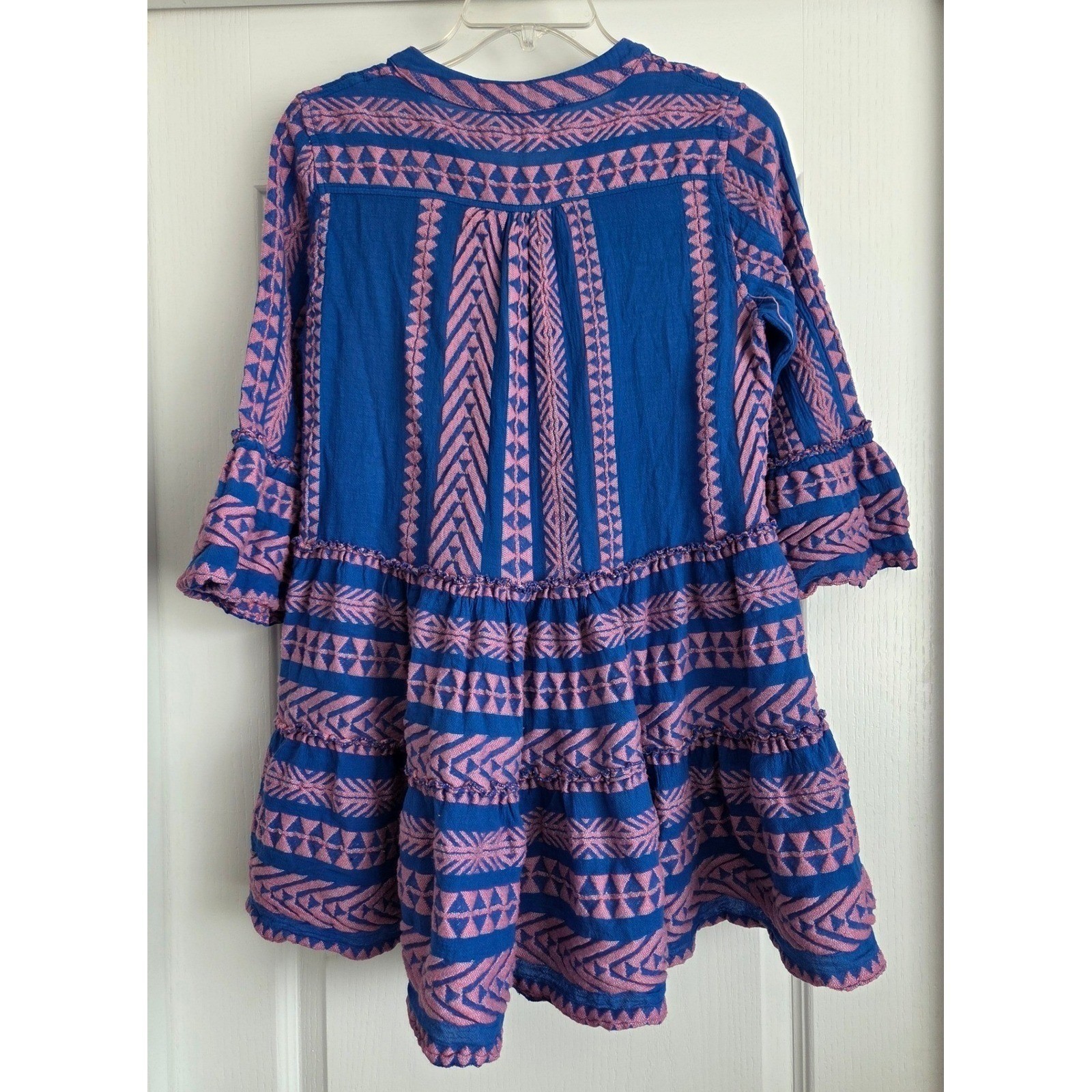 Devotion Twins Anthro Blue Pink Geometric Woven Tier Bell Sleeve Mini Dress Sz S