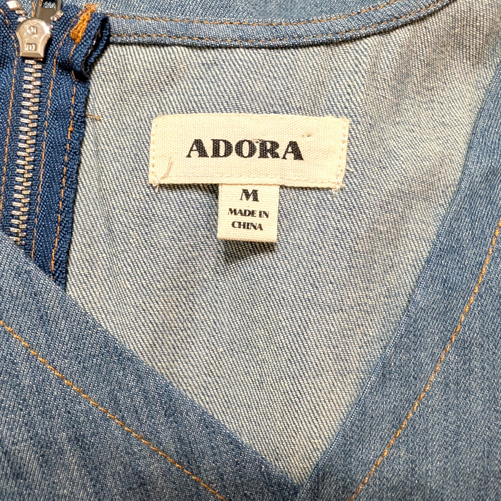 ADORA Chevron Patchwork Denim Dress M Light Wash Blue Shift Boho Hippie