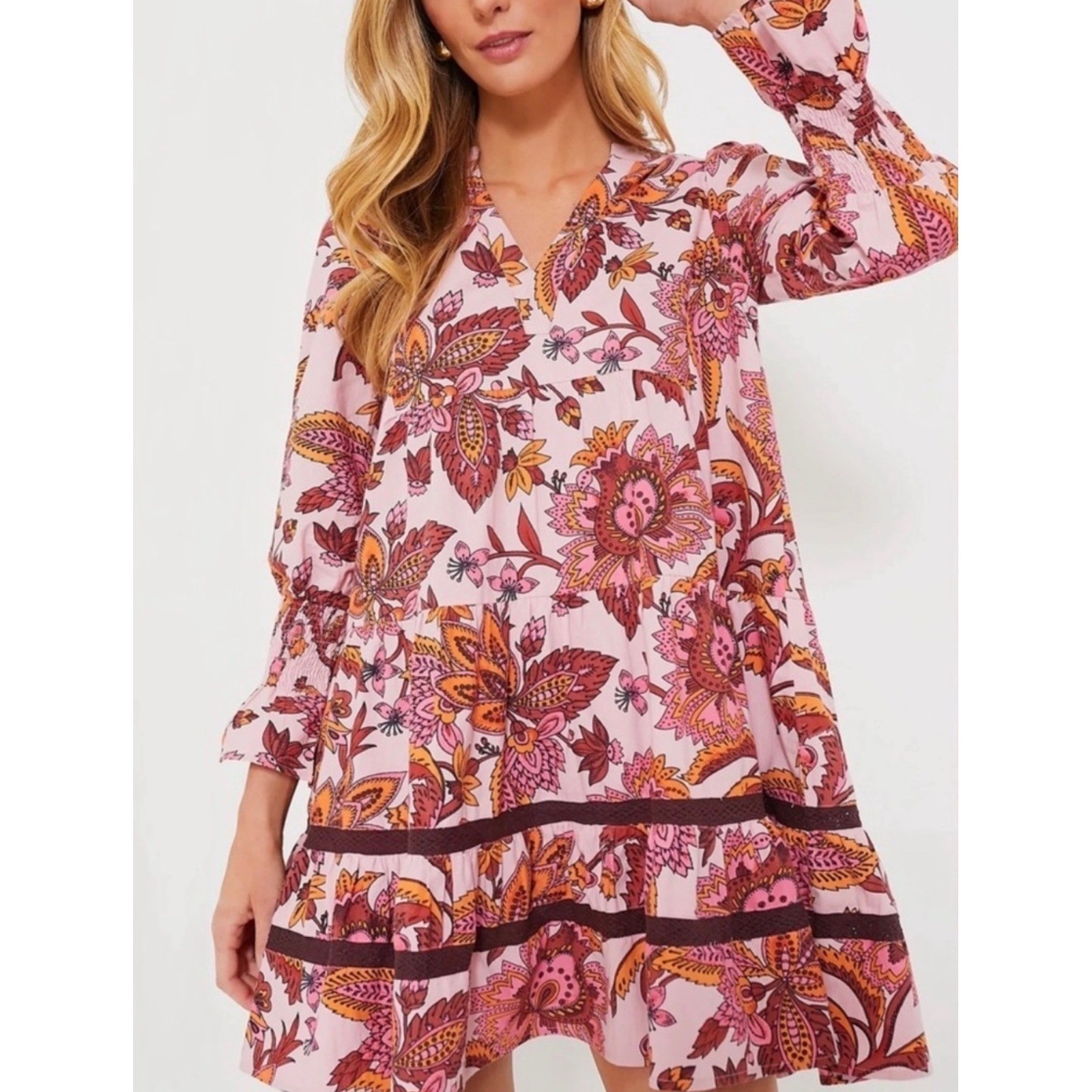 Tuckernuck Sunset Pink Ornate Chintz Kenzo Dress Floral Tiered Mini Ruffle M NWT